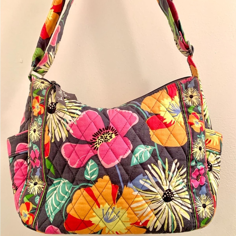 Vintage Vera Bradley Quilted Floral Shoulder Bag in Black, Pink & Yellow - Picture 5 of 11